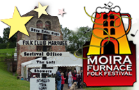 Moira Furnace Folk Festival logo and picture of the Furnace building